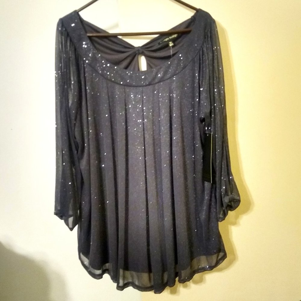 NWT ~ Always Indigo's Sparkling Sheer Midnight Gray Layered Blouse (Size: 3X)